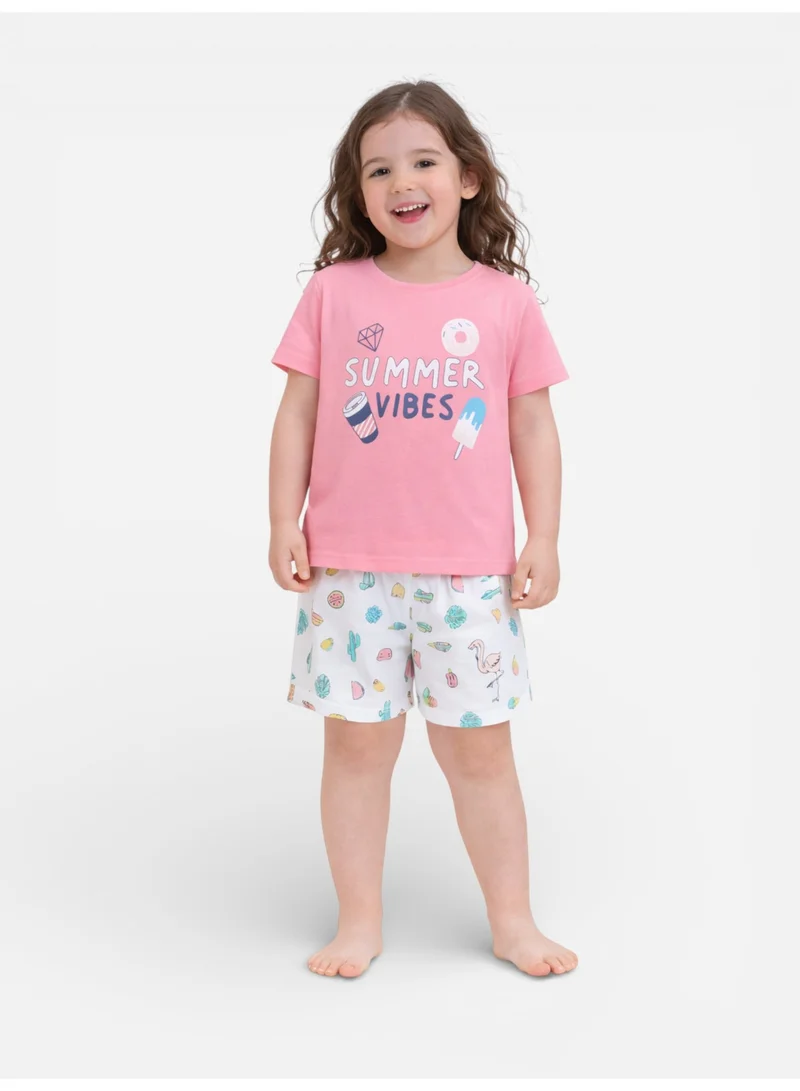 victor and jane Girls Summer Vibes Print Cotton Pajama Set – T-Shirt & Shorts Nightwear